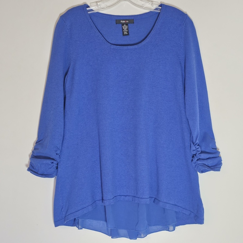 Style & Co Sweater Womens Medium Blue Ruched Layered Hilow Boho Festival Gypsy M
